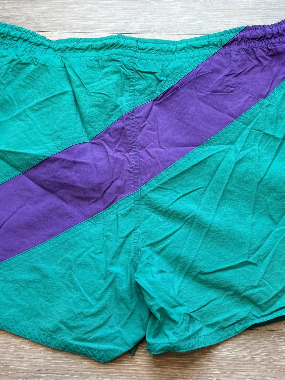 Teal and Purple Athletic Shorts with Diagonal Colorblock Size Medium